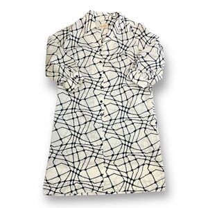 Button-Front White and Navy Patterned Shirt Dress